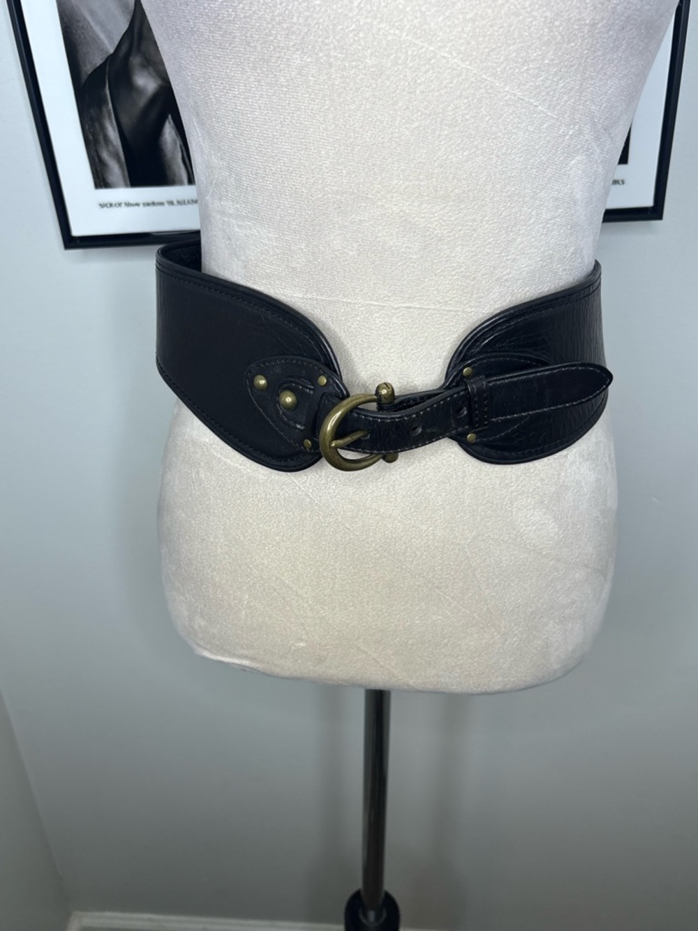 Wider Black Leather Waist Belt with Antique Brass Buckle